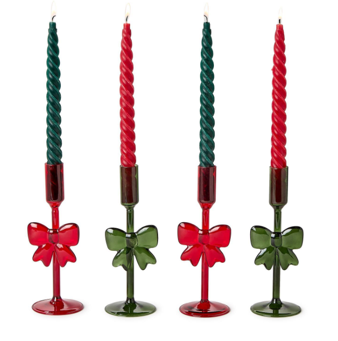 HAND CRAFTED GLASS TAPER CANDLEHOLDERS WITH BOW - 2 COLORS - IN STORE PICK UP ONLY!