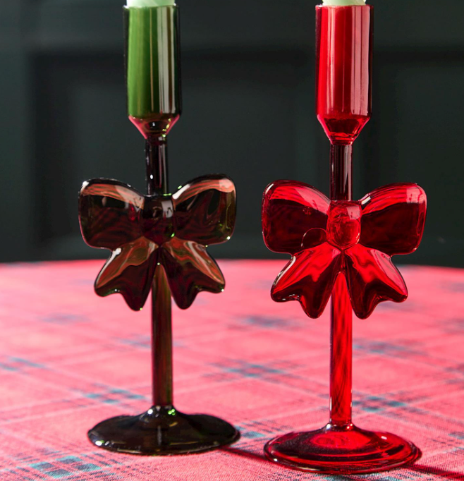 HAND CRAFTED GLASS TAPER CANDLEHOLDERS WITH BOW - 2 COLORS - IN STORE PICK UP ONLY!