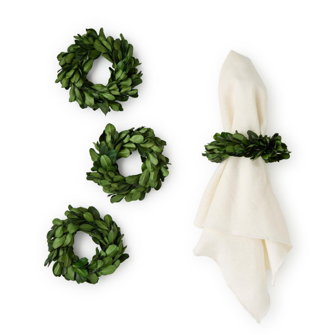 SET OF 4 PRESERVED BOXWOOD WREATH NAPKIN RINGS