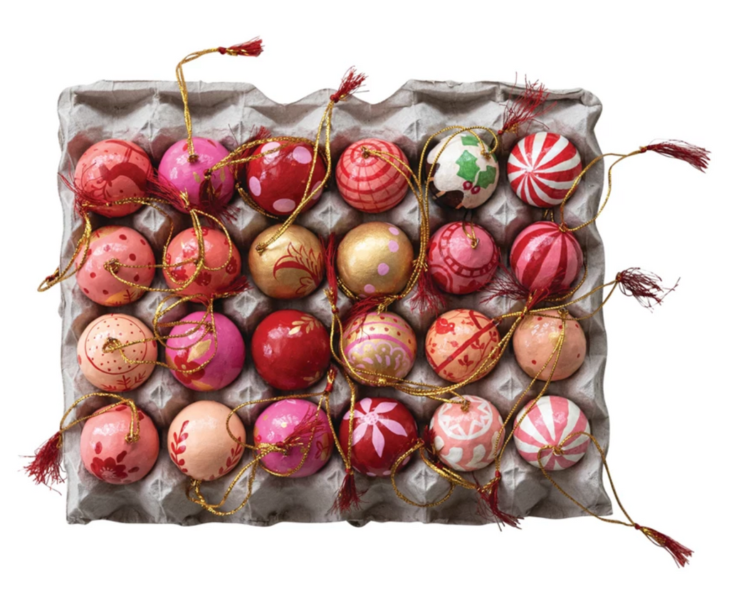 HAND-PAINTED PAPER MACHE BALL ORNAMENTS - ASSORTED STYLES