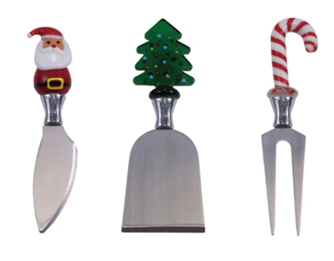 CHEESE KNIVES WITH HAND-BLOWN GLASS HOLIDAY HANDLE - BOXED SET