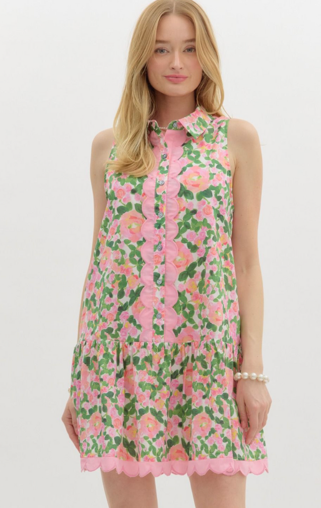 FLORAL PRINT SHIRT COLLAR MINI DRESS - PINK