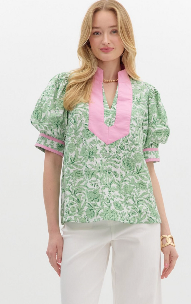 FLORAL PRINT PUFF SLEEVE TOP - GREEN