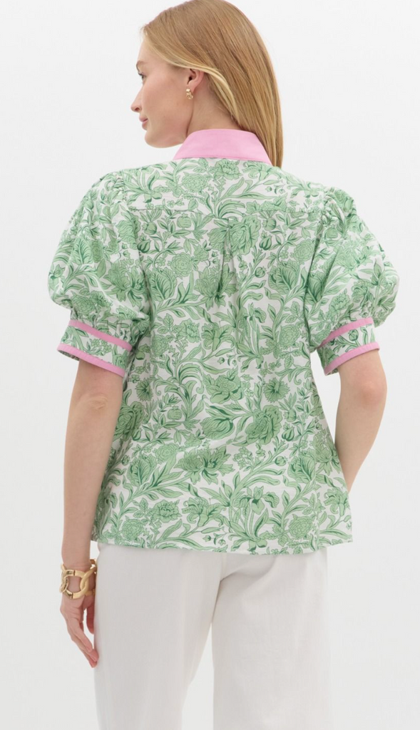 FLORAL PRINT PUFF SLEEVE TOP - GREEN