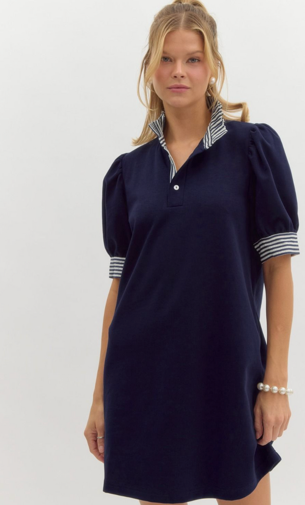 POLO DRESS WITH RUFFLE NECK - NAVY