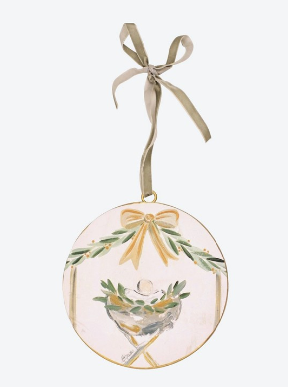 6" METAL DISC ORNAMENT, MANGER WITH BOW