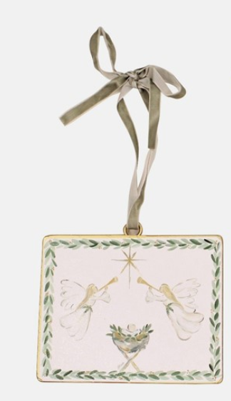 4" X 6" METAL DISC ORNAMENT, MANGER WITH GREENERY