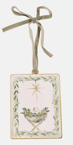 4" X 6" METAL DISC ORNAMENT, MANGER WITH GREENERY