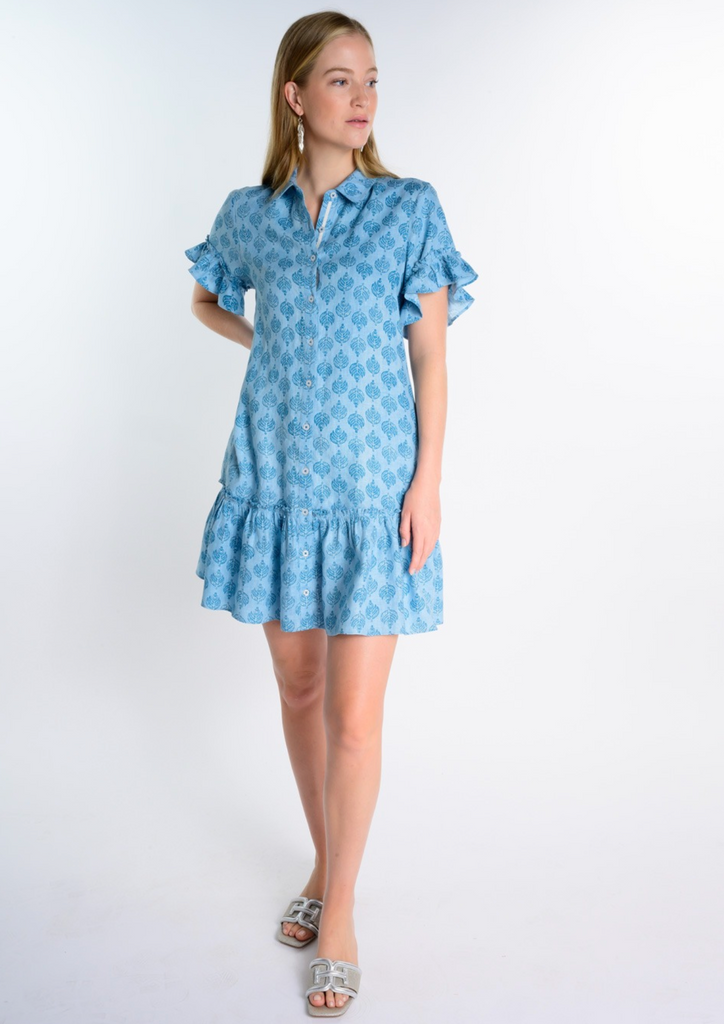 FLOUNCED HEM SHIRT DRESS - BLUE