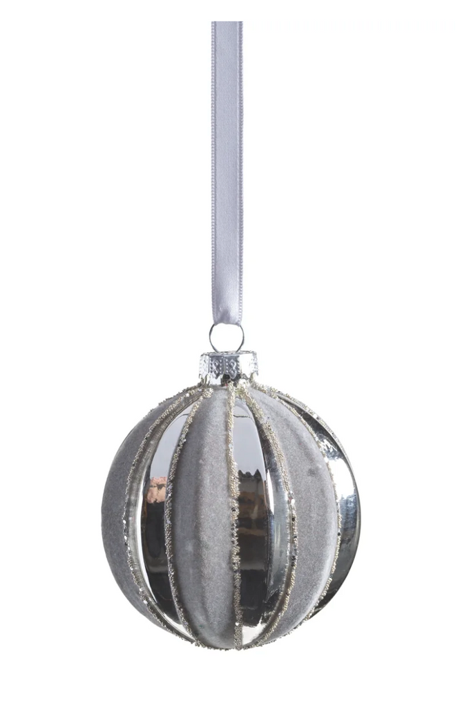 SHINY SILVER GLASS ORNAMENT WITH GREY FLOCK PATTERN