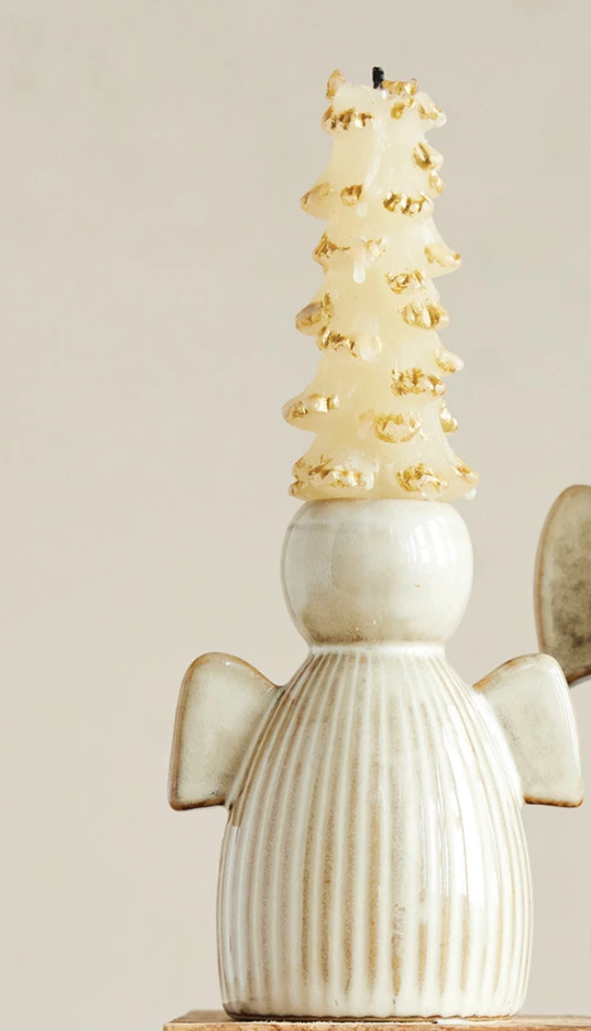 STONEWARE FLUTED ANGEL TAPER HOLDER - TAN
