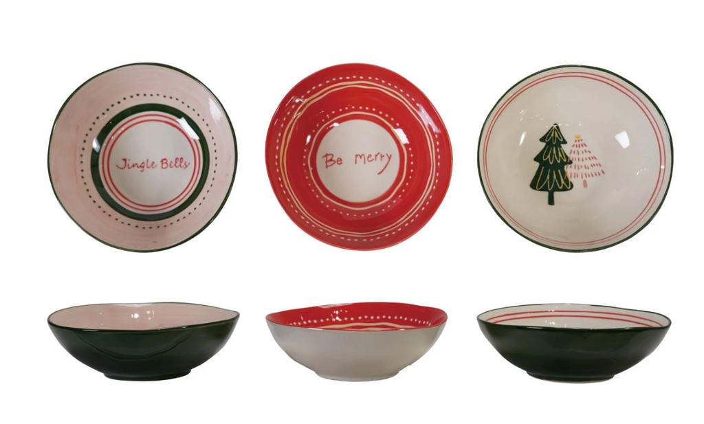 HAND-PAINTED STONEWARE BOWL WITH HOLIDAY SAYING