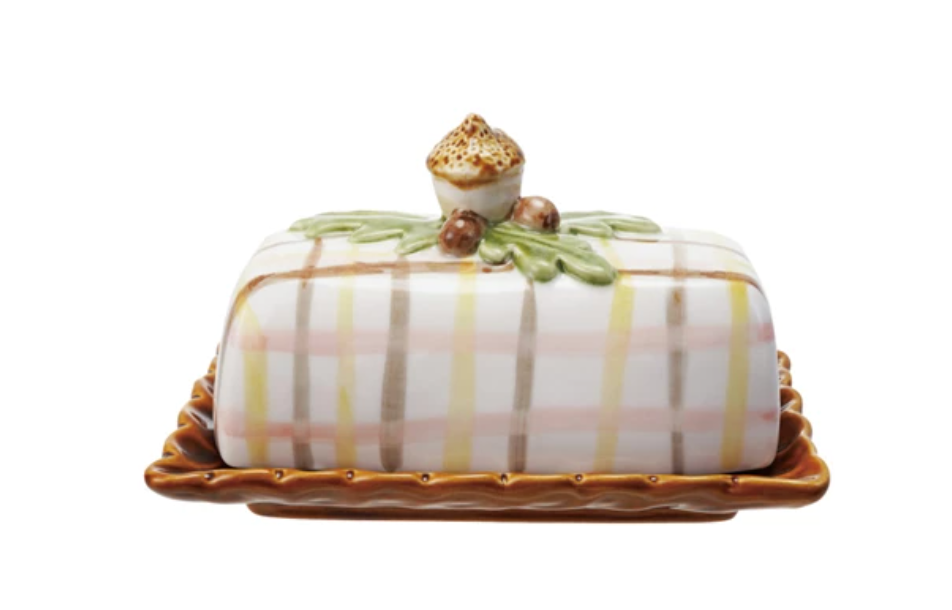 HAND-PAINTED STONEWARE BUTTER DISH