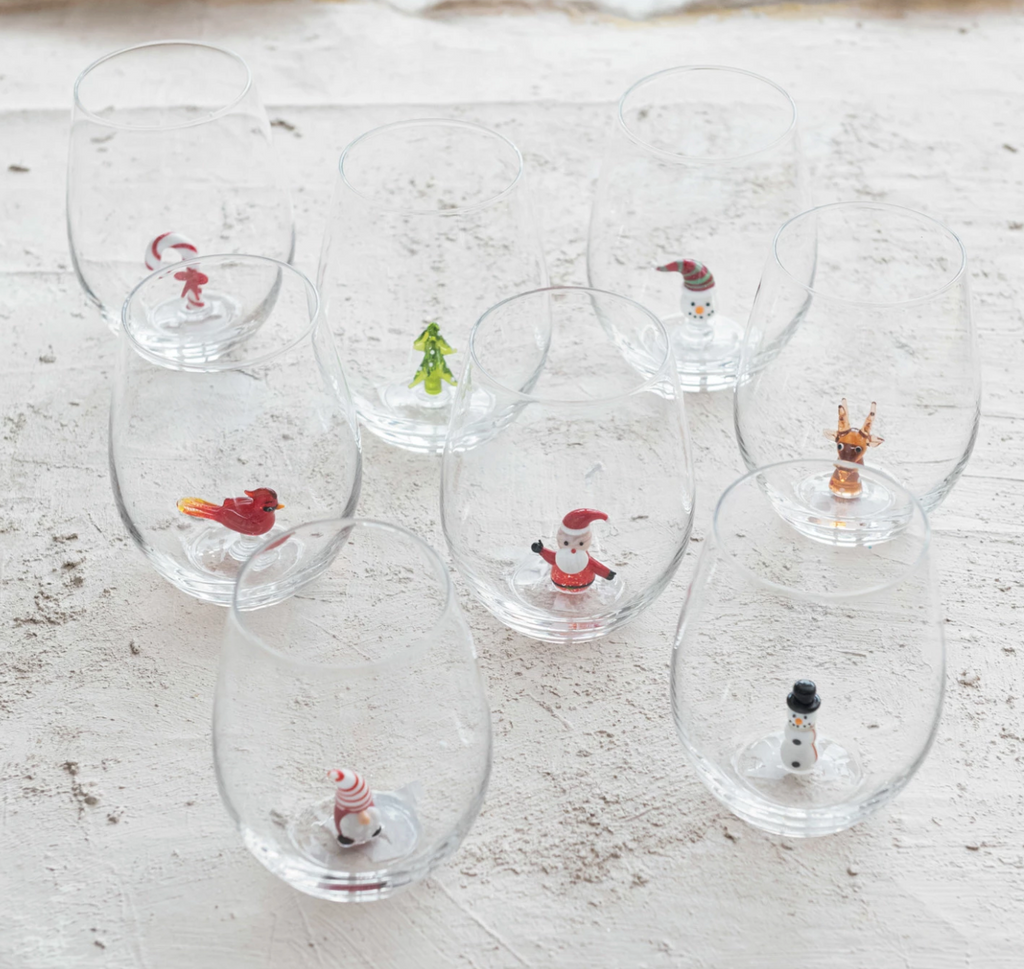 STEMLESS WINE GLASS WITH HOLIDAY FIGURE INSIDE - IN STORE PICK UP ONLY!