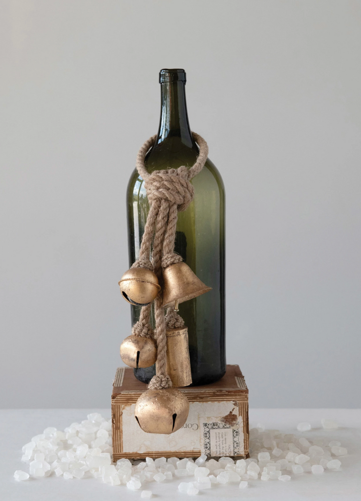 DECORATIVE METAL BELLS ON JUTE HANGER