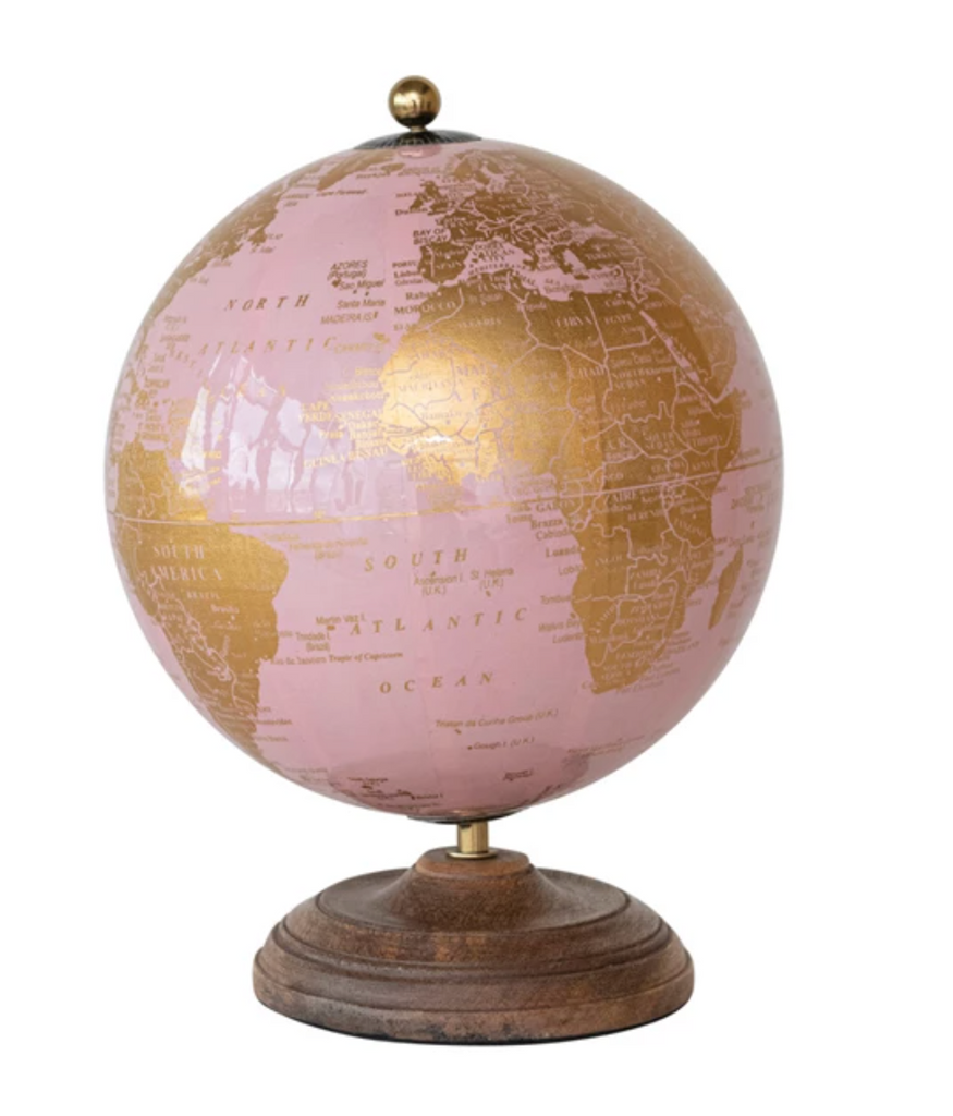 GLOBE ON MANGO WOOD STAND - PINK/GOLD - IN STORE PICK UP ONLY!
