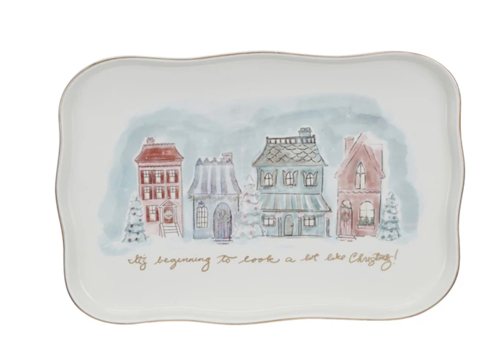 STONEWARE PLATTER WITH CHRISTMAS VILLAGE SCENE - IN STORE PICK UP ONLY!