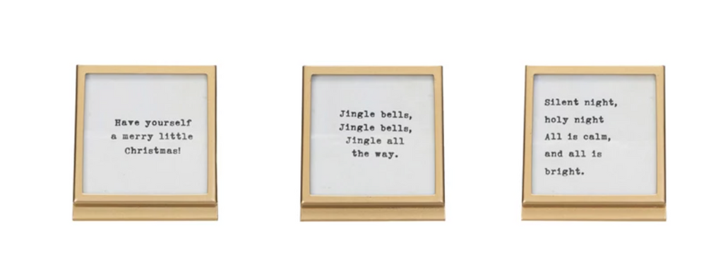 SQUARE METAL AND GLASS FRAME WITH HOLIDAY SAYING - GOLD FINISH