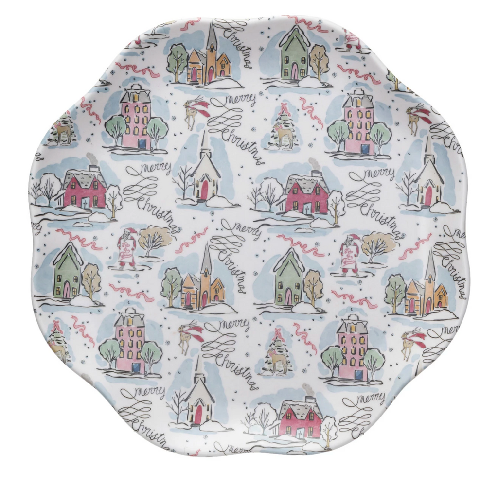 BAMBOO MELAMINE SCALLOPED PLATE WITH HOLIDAY PATTERN
