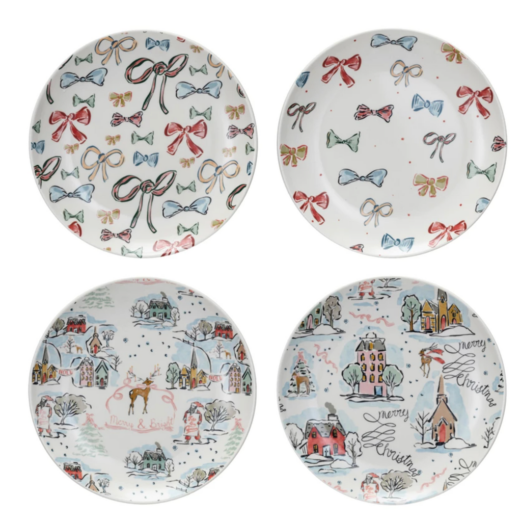 8" ROUND STONEWARE PLATE WITH HOLIDAY PATTERN - 4 STYLES