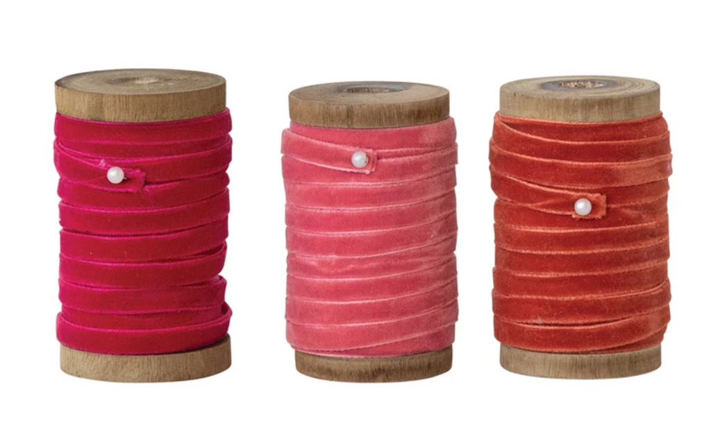 10 YARD VELVET RIBBON ON WOOD SPOOL - 3 COLORS