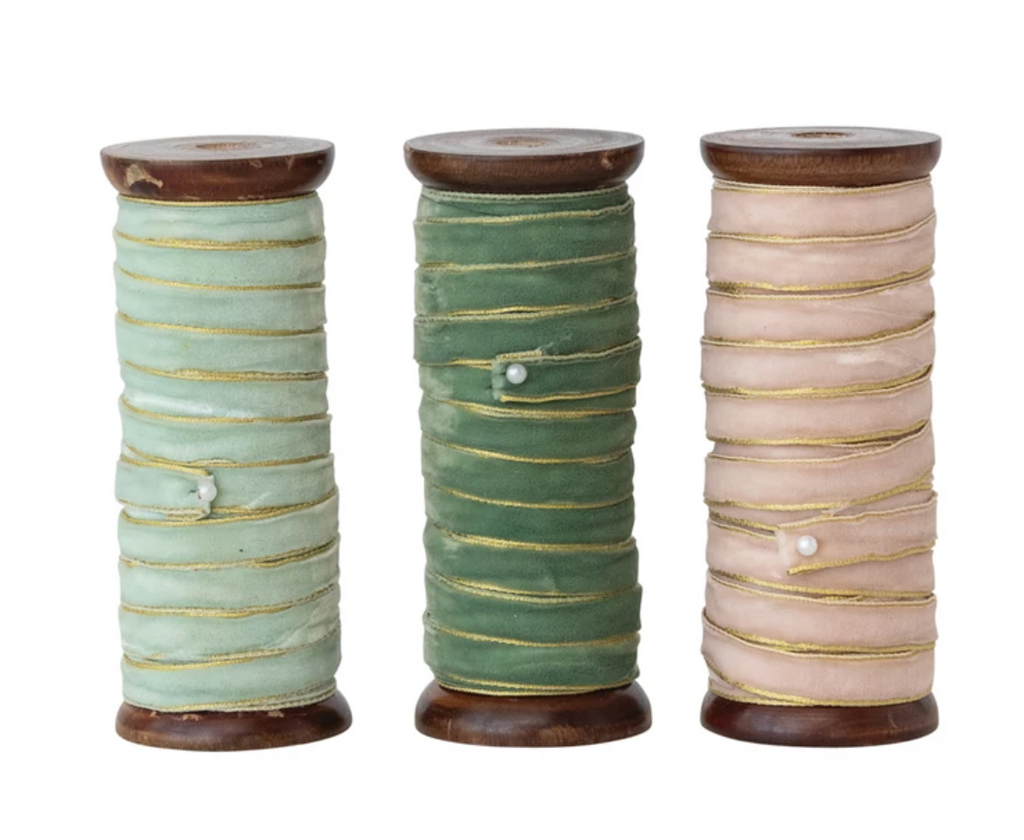 10 YARD VELVET RIBBON WITH METALLIC EDGE ON WOOD SPOOL - 3 COLORS