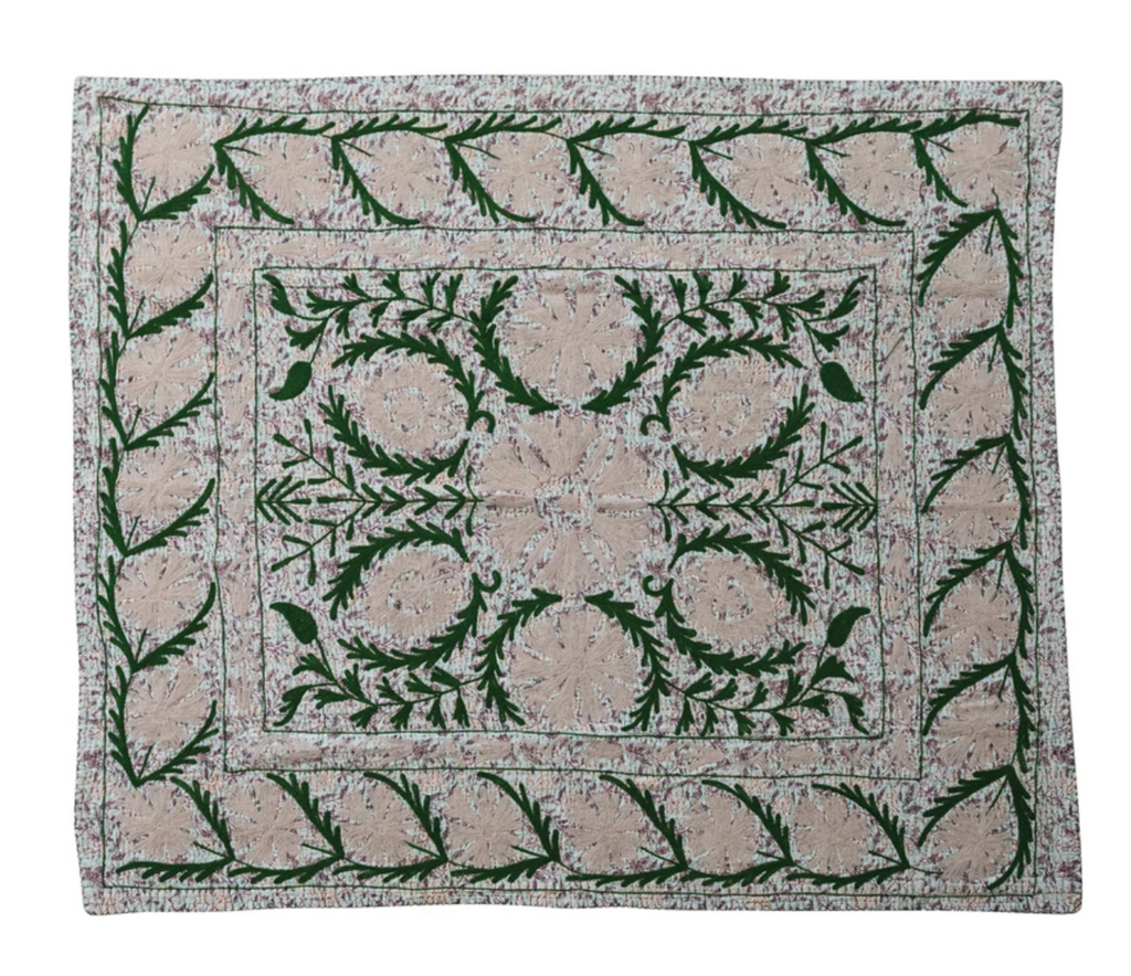 VOILE PRINTED THROW WITH SUZANI PATTERN & HAND EMBROIDERED KANTHA STITCH