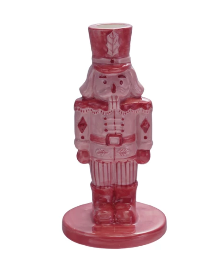 STONEWARE NUTCRACKER TAPER HOLDER - PINK/RED