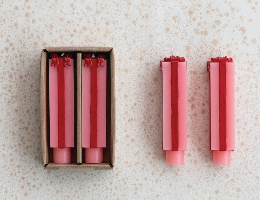 UNSCENTED PACKAGE SHAPED TAPER CANDLES IN BOX - PINK/RED