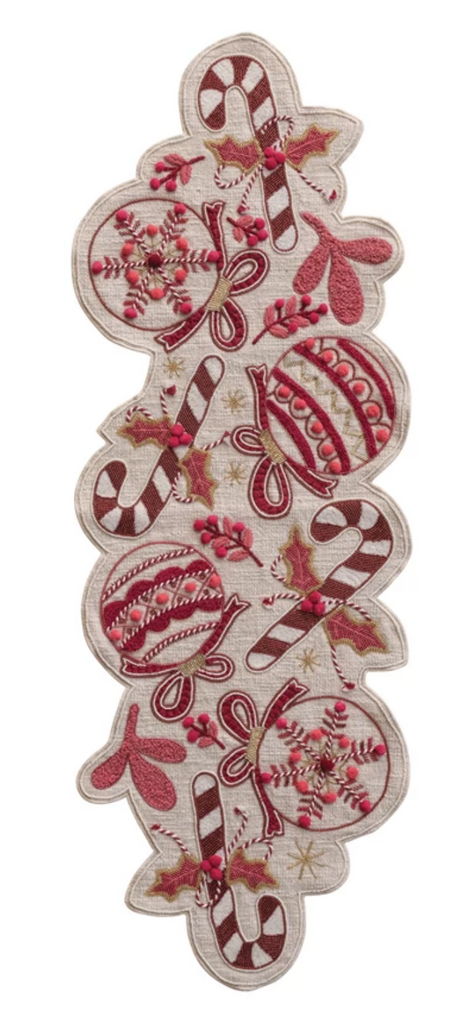 HAND-EMBROIDERED SLUB TABLE RUNNER - RED/WHITE
