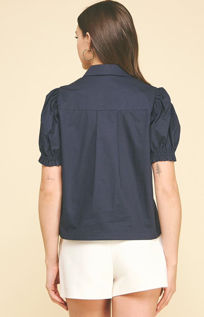TUCKED DETAIL BUTTON DOWN BLOUSE TOP - NAVY