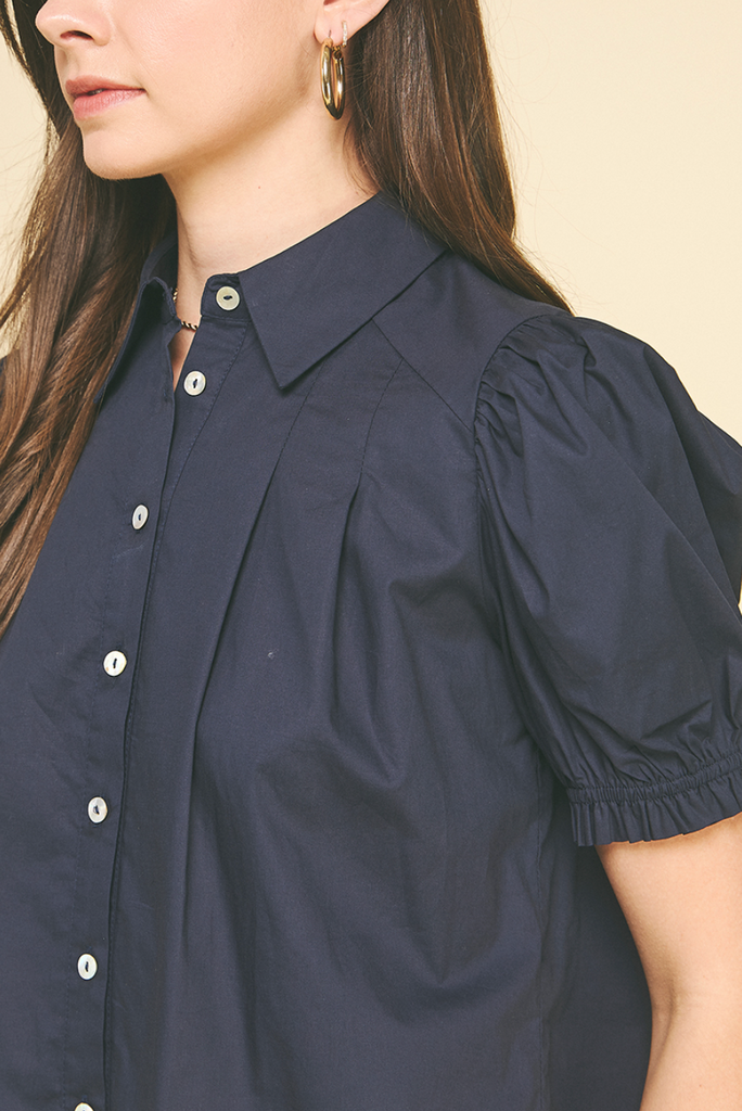 TUCKED DETAIL BUTTON DOWN BLOUSE TOP - NAVY