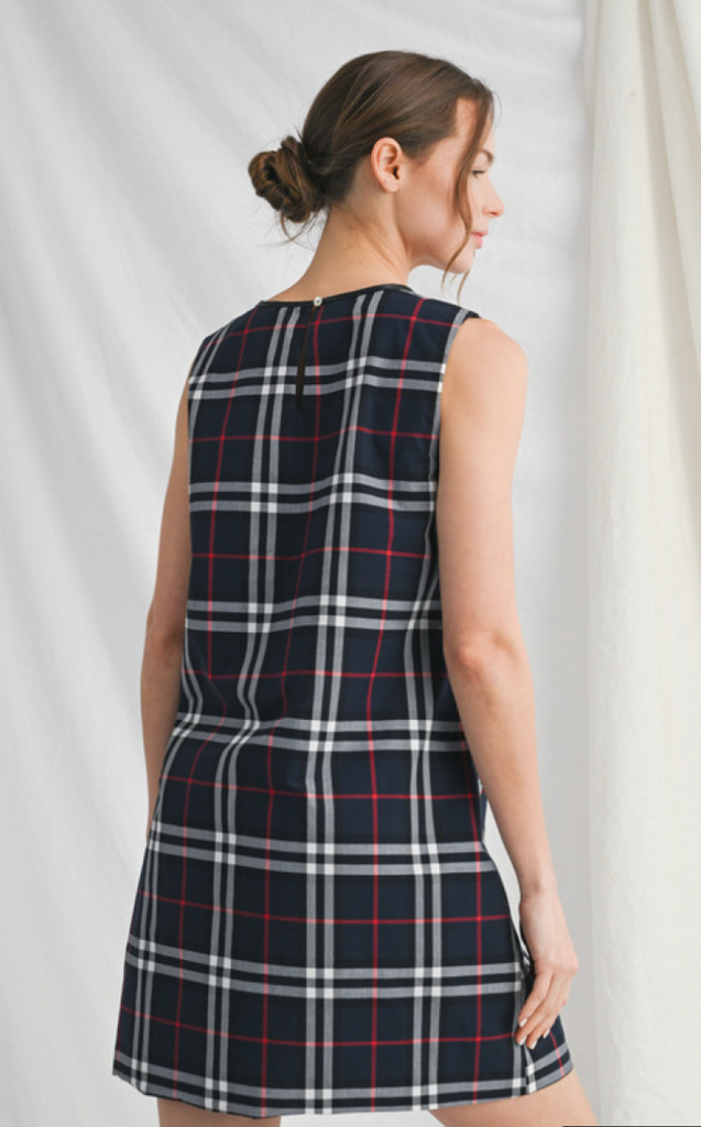 SLEEVELESS CLASSIC CHECKERED DRESS - NAVY