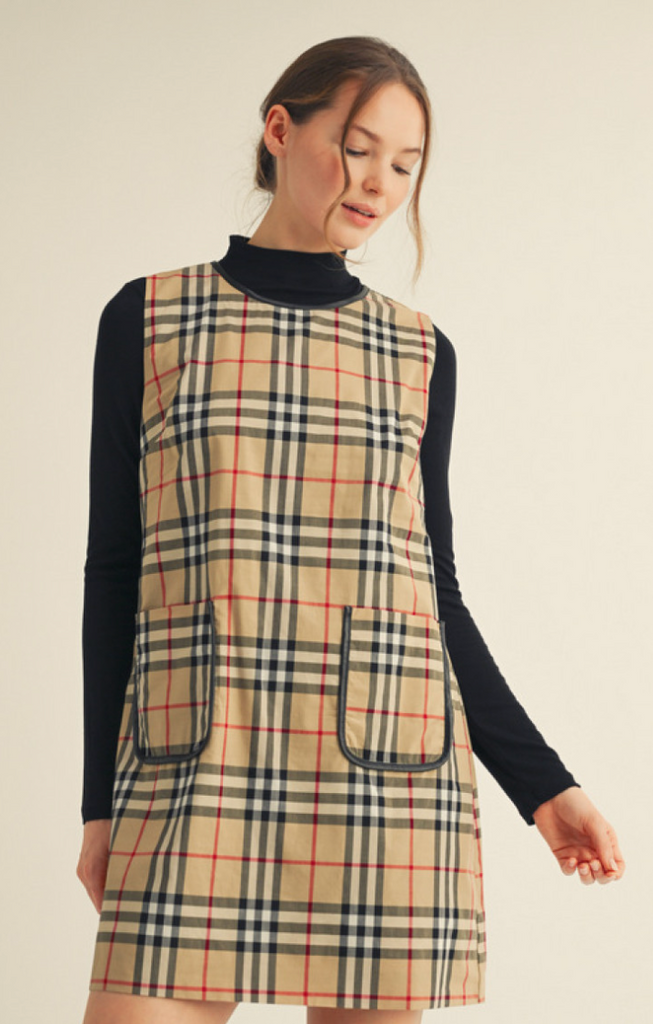 SLEEVELESS CLASSIC CHECKERED DRESS - TAUPE