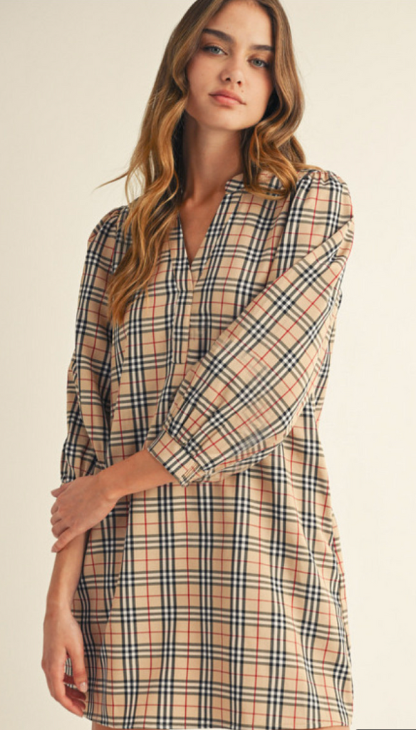 3/4 SLEEVE CHECKERED DRESS - TAUPE