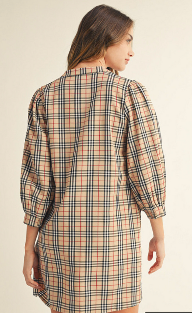 3/4 SLEEVE CHECKERED DRESS - TAUPE