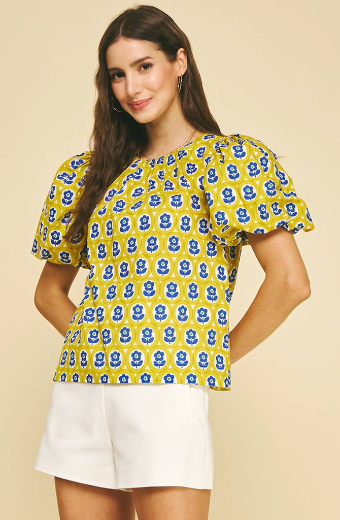 FLORAL PUFFED SLEEVE BLOUSE TOP - YELLOW