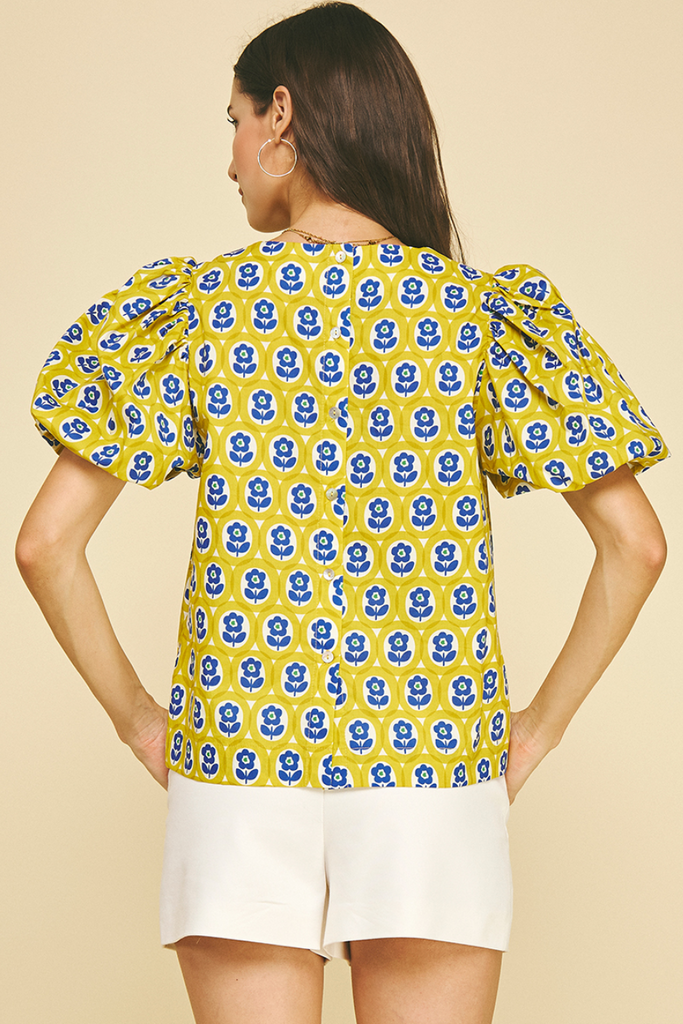 FLORAL PUFFED SLEEVE BLOUSE TOP - YELLOW