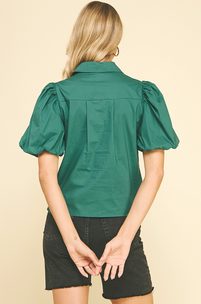 BUBBLE SLEEVE BLOUSE TOP - DARK GREEN