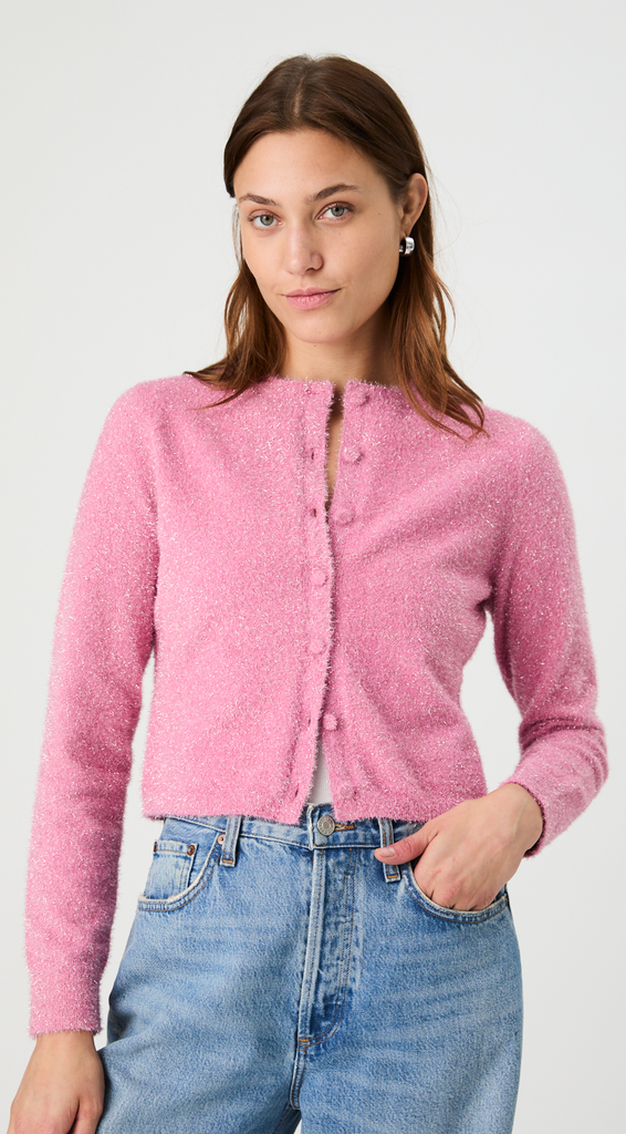 TINSEL KNIT SLIM CARDIGAN - TAFFY PINK