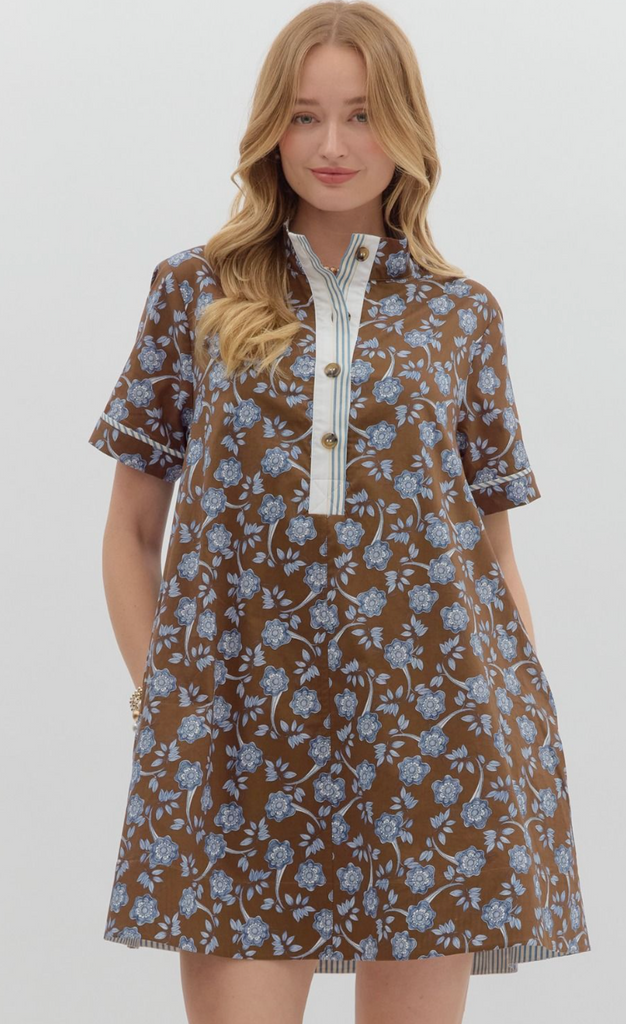 SHORT SLEEVE HIGH NECK MINI DRESS - BROWN FLORAL