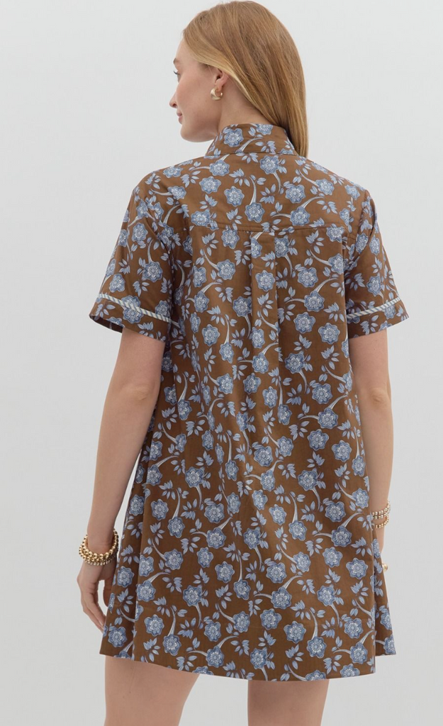 SHORT SLEEVE HIGH NECK MINI DRESS - BROWN FLORAL