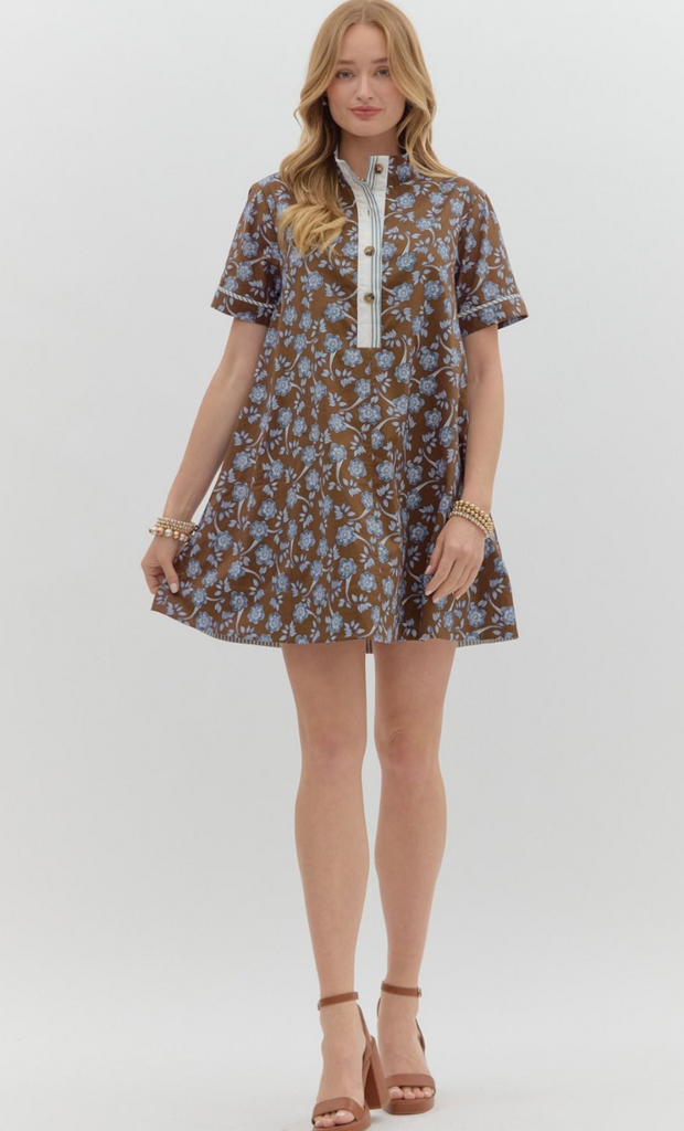 SHORT SLEEVE HIGH NECK MINI DRESS - BROWN FLORAL
