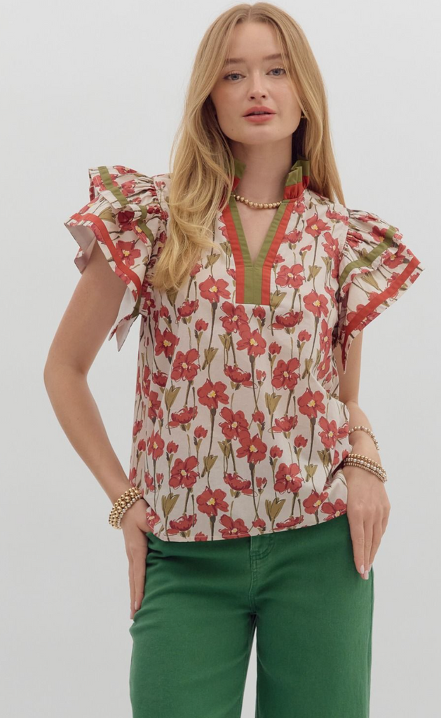 FLORAL SPLIT NECK TOP - RUST