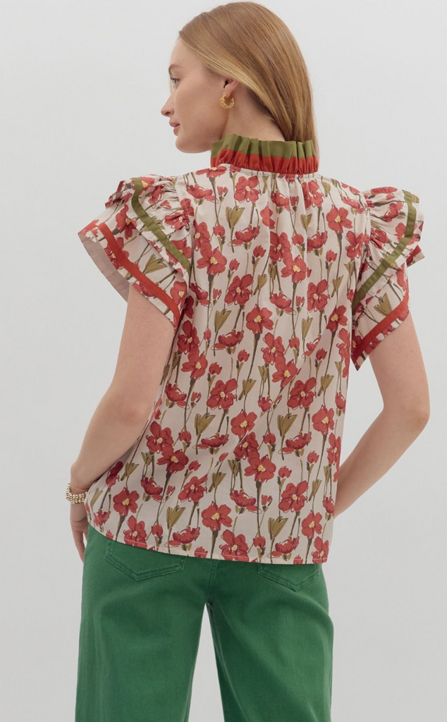 FLORAL SPLIT NECK TOP - RUST