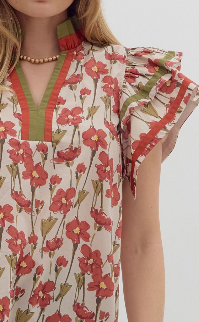 FLORAL SPLIT NECK TOP - RUST