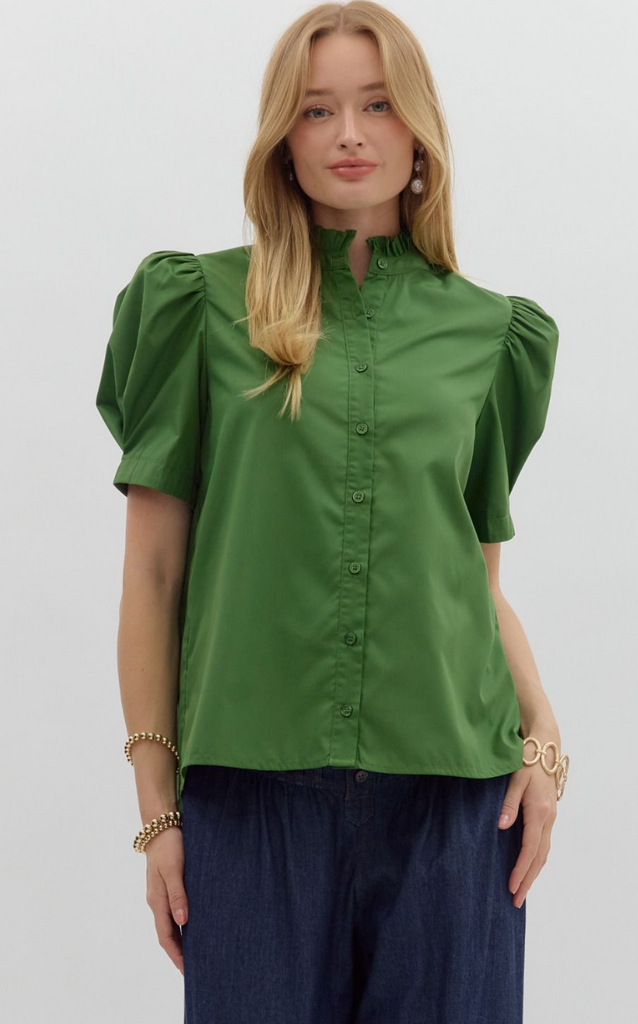 BUTTON UP PUFF SLEEVE TOP - GREEN