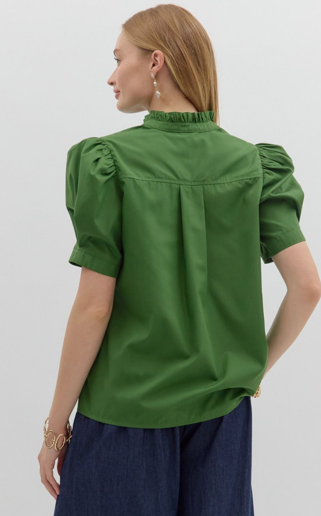 BUTTON UP PUFF SLEEVE TOP - GREEN