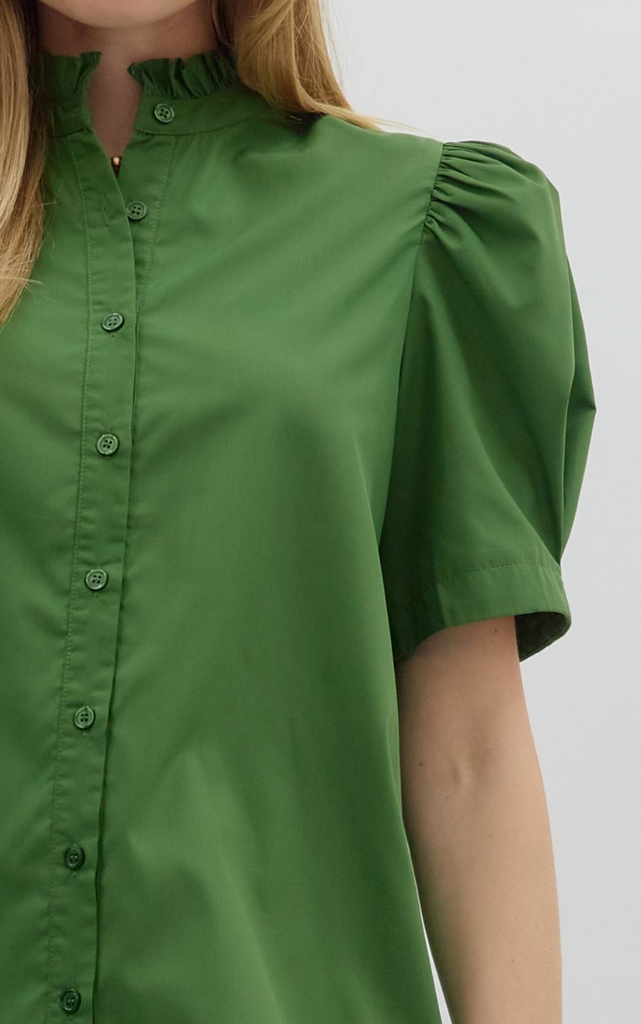 BUTTON UP PUFF SLEEVE TOP - GREEN