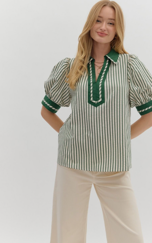 STRIPED TOP WITH CONTRAST COLLAR - HUNTER GREEN